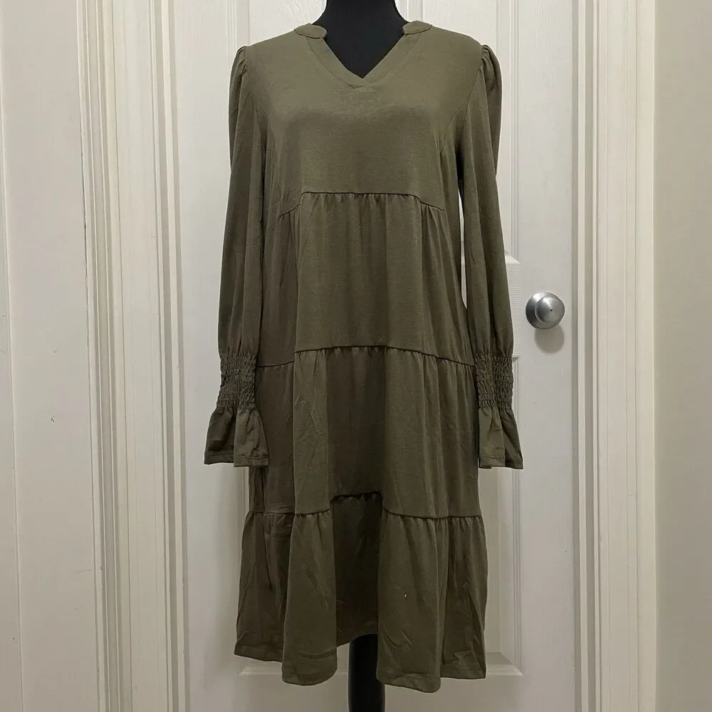 New Marokeety Long Sleeve Ruffle Midi Dress Olive V-Neck Pockets Women's‎ Small